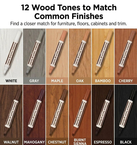 12 Color Furniture Touch Up Markers Wood Scratch Repair Kit For Cabinets Floors Tables Trim with assorted wood tones.