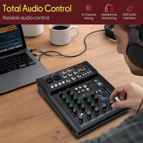 Person using Six Channel Studio Mixer With Bluetooth Road Ready USB Audio Interface Built In MP3 Player DSP Effects Phantom Power