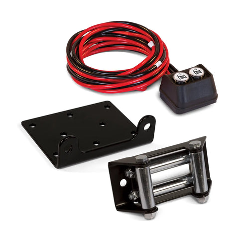 Beefy 2000 Lb ATV UTV Winch Kit accessories including mounting channel, roller fairlead, remote, and cables for recovery