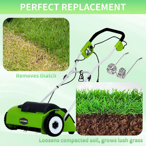 36 Pack Dethatcher Tines Replacement For Greenworks 27022 And 2500600G 14 Inch Corded Dethatcher shown with lush lawn results