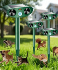 Solar Ultrasonic Outdoor Animal Repellent 4 Pack Upgraded Solar Powered Batteryless Deterrent For Gardens And Yards IP66 Waterproof Easy Install And Weatherproof Critter Defense For Pets And Wildlife, green stakes in lawn