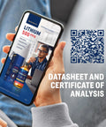 Smartphone displaying Lithium Orotate Solution 500 Ppm For Lab Use High Purity Laboratory Grade 3.38 Fl Oz product datasheet and QR code.