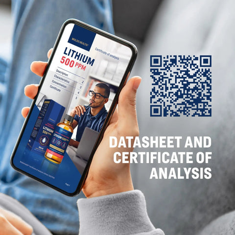 Smartphone displaying Lithium Orotate Solution 500 Ppm For Lab Use High Purity Laboratory Grade 3.38 Fl Oz product datasheet and QR code.