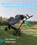 Built Tough Smart Follow Electric Golf Push Cart With Dual Radar Tracking And App Remote Control One Click Foldable Frame on incline with golf bag.