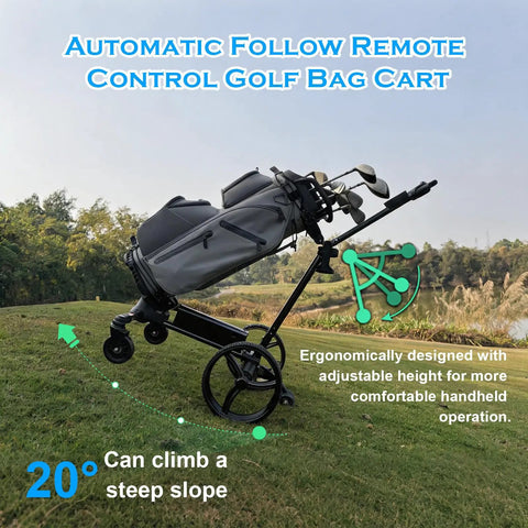 Built Tough Smart Follow Electric Golf Push Cart With Dual Radar Tracking And App Remote Control One Click Foldable Frame on incline with golf bag.