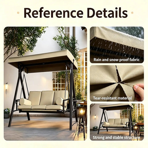 Replacement Swing Canopy Top Cover 420D Fabric All Weather UV Waterproof Beige Durable Tear Resistant Shield For Outdoor Swing Frames Easy Fit Protects Against Wind Dust Rain And Sun displayed on a swing frame with rain and tear-resistant features.
