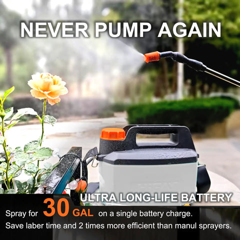Cordless 1 Gallon Electric Sprayer with Built In 4000mAh Battery watering plants with telescopic wand, white design, outdoor use.