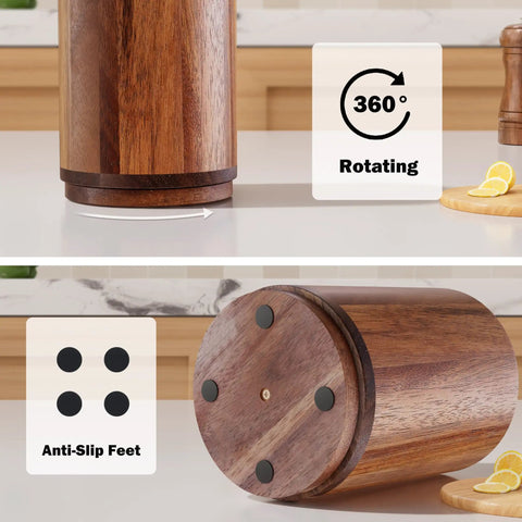 Acacia Wood 360 Degree Rotating Utensil Holder for Countertop showing anti-slip feet, close-up view