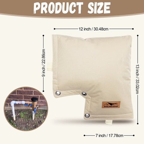 Beige Demedo insulated backflow cover for irrigation valve; winter outdoor fabric cover with metal grommets, about 12×13×7 inches