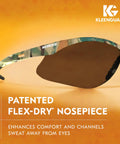 Close-up of Nemesis V30 Safety Glasses with smoke anti-fog lenses and camo frame highlighting patented flex-dry nosepiece