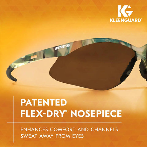 Close-up of Nemesis V30 Safety Glasses with smoke anti-fog lenses and camo frame highlighting patented flex-dry nosepiece