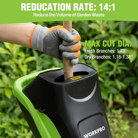 Person using Electric Wood Chipper For Yard Cleanup With 15 Amp Motor, 4300 RPM, 1.73 Inch Cutting Capacity, 14 To 1 Reduction.