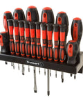 Everyday 18 Piece Screwdriver Set With Wall Mount And Magnetic Tips For Precision Work displayed on wall rack