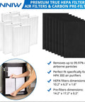 HEPA Filter R Replacement Kit for HPA Series Air Purifiers Includes 6 HEPA Filter R Units and 8 Activated Carbon Pre Filters Compatible with HPA300 HPA200 HPA100 HPA090 Models Easy Install for Cleaner Air at Home image showing filters and dimensions