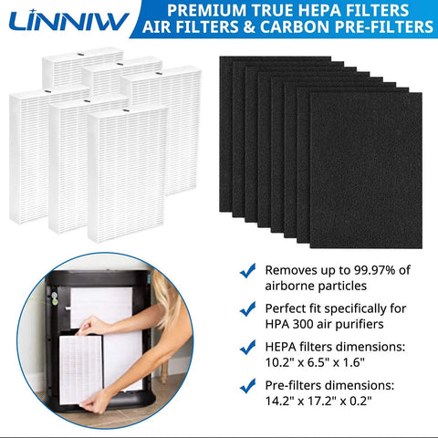 HEPA Filter R Replacement Kit for HPA Series Air Purifiers Includes 6 HEPA Filter R Units and 8 Activated Carbon Pre Filters Compatible with HPA300 HPA200 HPA100 HPA090 Models Easy Install for Cleaner Air at Home image showing filters and dimensions