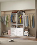 Premium Modular Closet System With Twelve Roomy Drawers Expands Effortlessly From Eight To Twenty One Feet, organized clothes and storage boxes.