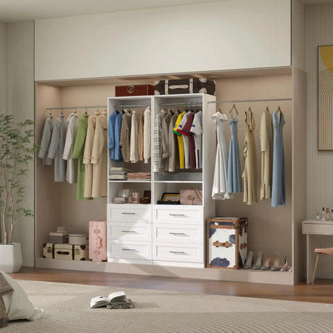 Premium Modular Closet System With Twelve Roomy Drawers Expands Effortlessly From Eight To Twenty One Feet, organized clothes and storage boxes.