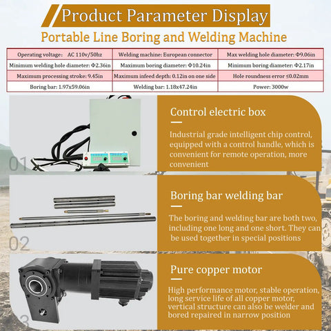 Product Parameter Display for No Bull Heavy Duty 110 Volt Portable Line Boring And Welding Machine Kit with components labeled.