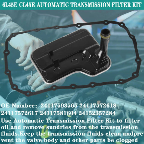 6L45E CL45E Automatic Transmission Filter Kit with oil pan gasket for BMW 2007-2013 models, shown on mechanic background.