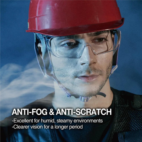Worker wearing OTG Safety Sunglasses For Over Eyeglasses With UV400 Protection Z87.1 Certified Anti Fog Lenses and red hard hat