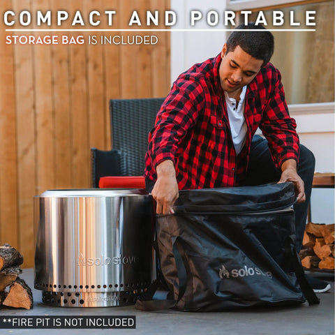 Person packing Bonfire Pi Fire Pizza Oven Accessory with Carry Case, Stainless Steel for Fire Pit use, next to fire pit