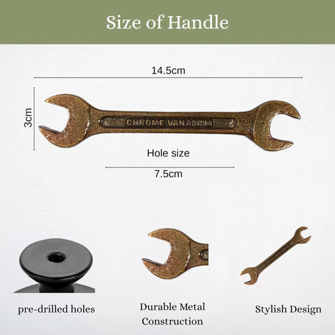 Antique Metal Wrench Drawer Pull For Cabinets And Tool Chests with size details, rustic industrial hardware, vintage spanner handle.