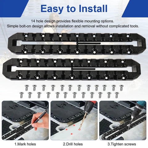 12 Inch All In One Kayak Gear Track Mount Rail System For Fishing Rod Holders Cup Holders Paddle Holders And Anchor Cleats With 14 Holes 2 Pack Accessory Track Mount For Most Kayak Tracks, black ABS, installation steps