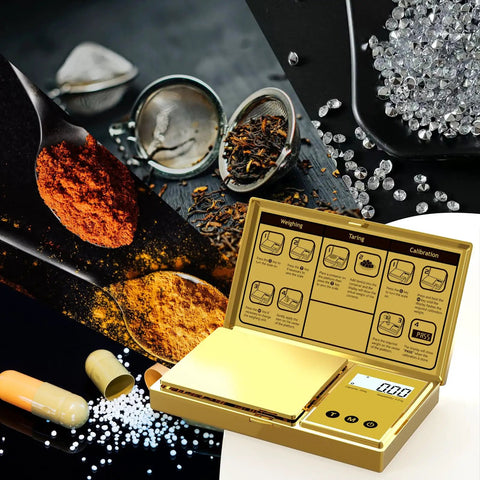 Pocket Digital Scale 200G By 0.01G With Gold Titanium Plating, Backlit LCD, tare functionality, used for weighing spices, capsules