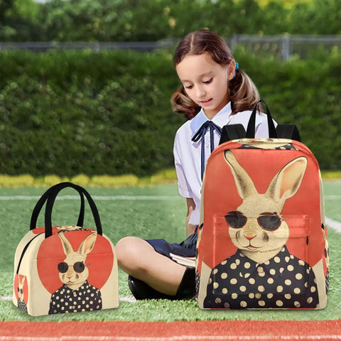 Rabbit Sunglass Moon Backpack With Insulated Cooler Lunch Box by girl on field, laptop daypack for women and men