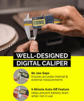 Person using Absolute Origin 0 To 4 Inch Digital Caliper For Quick No Brainer Precision In Inch And Metric Readings, IP54 Stainless Steel, USB SPC Output, Built-In Zero Retention, Case And Manual Included, measuring a small object with precision on a workshop table.