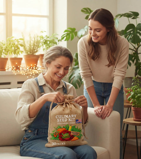 Heirloom Vegetable And Herb Seed Pack With 30 Non GMO Seeds For Planting Seed Kit With Tools Made In USA, held by smiling women indoors.