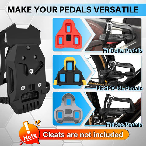 Toe Cage Adapters For Peloton Bike And Road Cleats Convert SPD-SL Look Delta Keo To Toe Cages With Strap shown in use