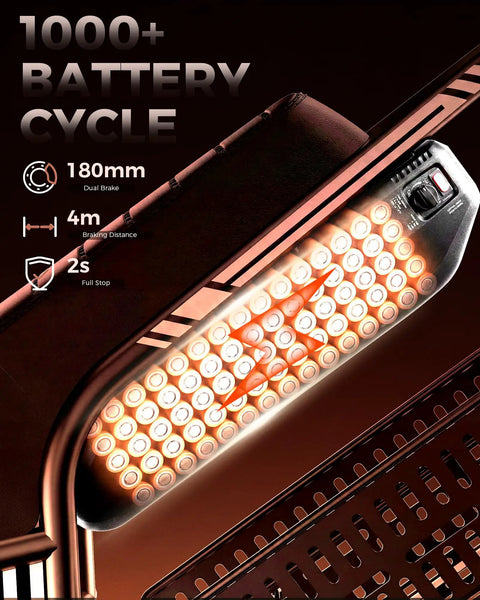 Close-up of the battery pack for R6mini 1000W Fat Tire Electric Bike With Front Light And Bluetooth Speaker, showing 1000+ cycles.