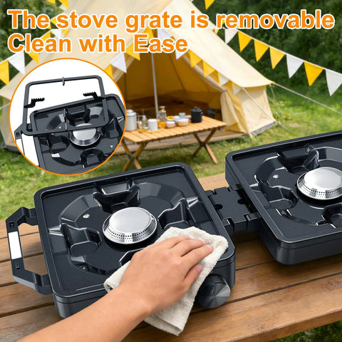 Cleaning a Two Burner Camping Stove With 24000 BTU Total Heat, Foldable Propane Stove Includes Carry Bag, Windscreen And Griddle