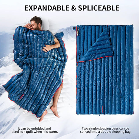 Ultralight RDS Down Sleeping Bag for Adults, 650 Fill Power, blue, quilt on bed, showing zipper joining option.