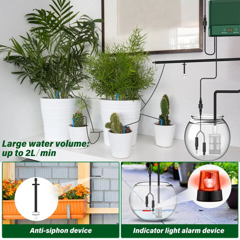 Solar Powered Automatic Plant Watering System 10W Kit connected to plants and water container, showing irrigation system setup.