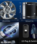 8 Inch Inline Duct Fan With Switch, Low Noise High Airflow Exhaust Vent For Basement Garage Attic And Kitchen, features detailed view of components, dimensions, motor design, and plug with switch.