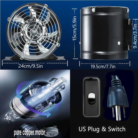 8 Inch Inline Duct Fan With Switch, Low Noise High Airflow Exhaust Vent For Basement Garage Attic And Kitchen, features detailed view of components, dimensions, motor design, and plug with switch.