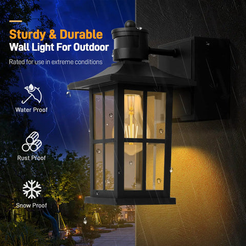 Porch Lights With Outlet GFCI Motion Sensor Outdoor Wall Light Black Waterproof Dusk To Dawn Lantern shown in rain