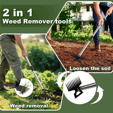 Long Reach 60 Inch Weed Puller Tool With Dual Sided 2 In 1 Weed Rake And Garden Hoe in use for removing weeds and loosening soil