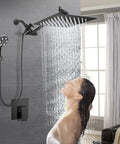 High Pressure Shower System With 10 Inch Rain Shower Head And Handy Handheld Sprayer Dual Function Trim Kit in use