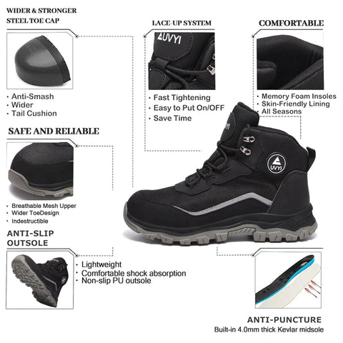 Steel Toe Work Boots For Men With Wide Toe Fit Breathable Fly Knit Mesh And Leather Upper Slip Resistant Durable Industrial And Construction Safety Shoes Built For Long Shifts On Tough Jobs, side view showing features inlay