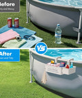 Must-Have Two Pack Poolside Storage Baskets With Cup Holders For Above Ground Pools Beige Fits 3-Inch Top Rails Before After