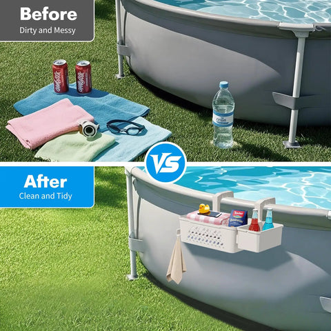 Must-Have Two Pack Poolside Storage Baskets With Cup Holders For Above Ground Pools Beige Fits 3-Inch Top Rails Before After