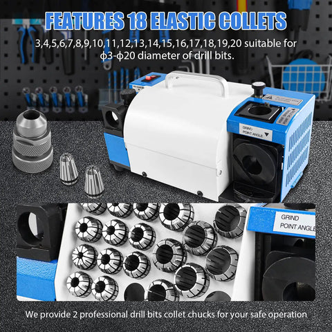 Top Notch Drill Bits Sharpener Machine For 3 To 20mm With 18 Collets showing elastic collets and grinding angles for drill bits.