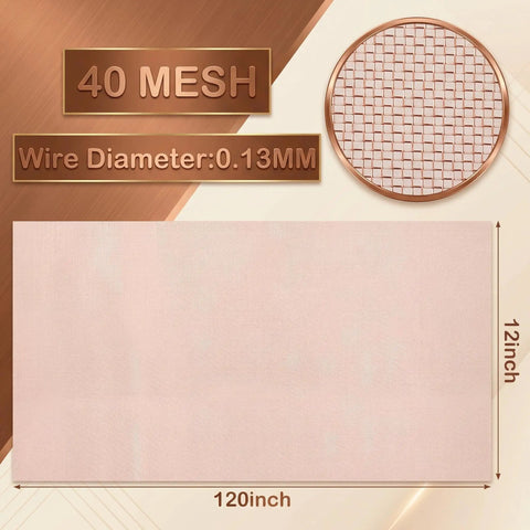 Heavy Duty Copper Mesh Screen 12 Inch By 120 Inch Roll Wire Fabric 99.9 Percent Pure Copper 40 Mesh, dimensions and close-up