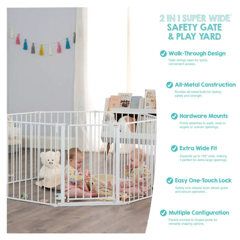 Two children playing inside Ultra Wide Baby Gate And Play Yard For Kid And Pet Friendly Homes Nearly 16 Feet Long Two In One Convertible Safety Barrier Hardware Mounted For Toddlers And Pets Tested And Trusted For 30 Years American Designed And Owned White in living room