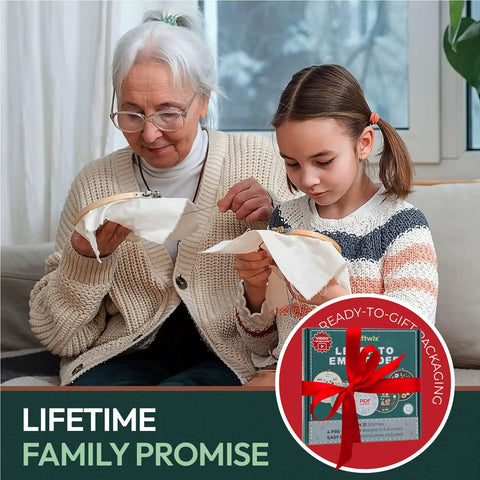 Grandmother and granddaughter using Beginner Friendly Embroidery Kit With 4 Pre Printed 12x12 Cloths, 7.8 Inch Hoop