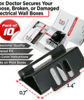 Close-up of black electrical wall box clip with packaging, 10-pack Easy Fix For Loose Outlets And Switches With Electrical Wall Box Repair Clips
