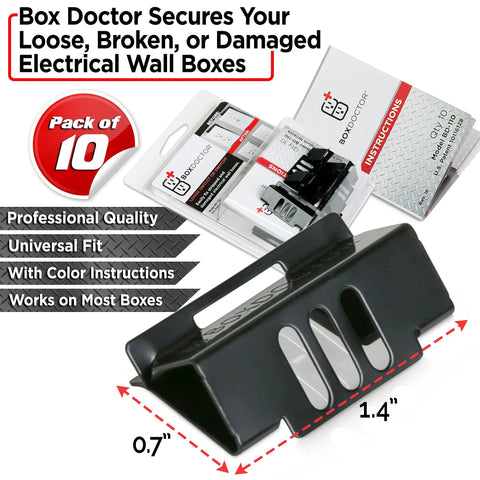Close-up of black electrical wall box clip with packaging, 10-pack Easy Fix For Loose Outlets And Switches With Electrical Wall Box Repair Clips